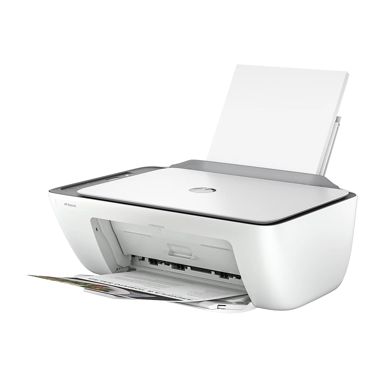 Weißer HP DeskJet Drucker, der ein gedrucktes Dokument ausgibt. Oben ist ein Fach mit weißem Papier.