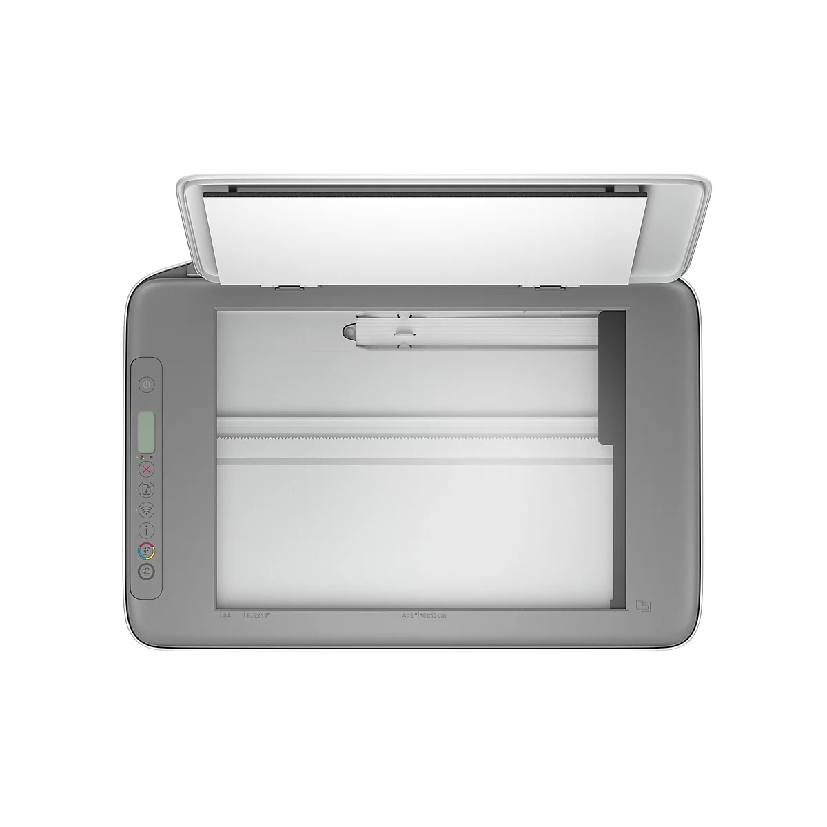 Vue de dessus d'un scanner ouvert. Couvercle gris, zone de numérisation ouverte avec papier blanc, panneau de commande avec icônes.