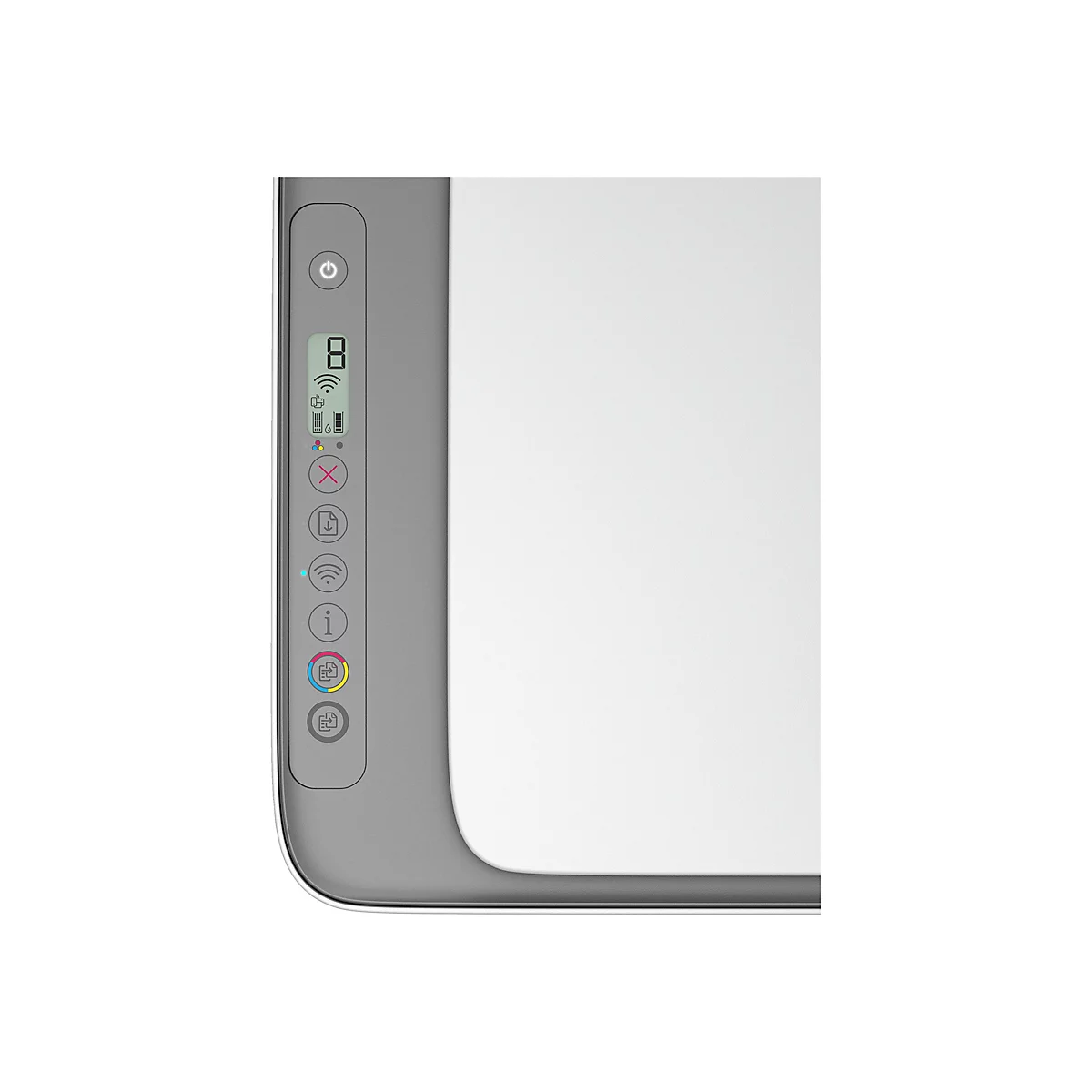 Gros plan d'une imprimante avec un écran numérique et des panneaux de commande. Le côté droit est blanc.