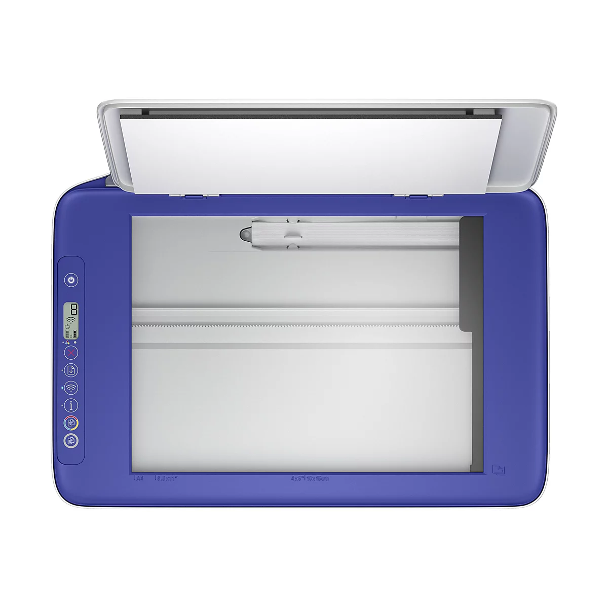 Scanner à plat bleu, couvercle ouvert, vu d'en haut. Sur le côté gauche se trouvent des boutons de commande et un écran.