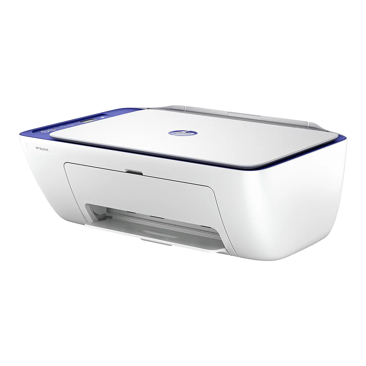 Une imprimante HP blanche avec des accents bleus sur fond blanc. Le logo HP est visible sur le boîtier.
