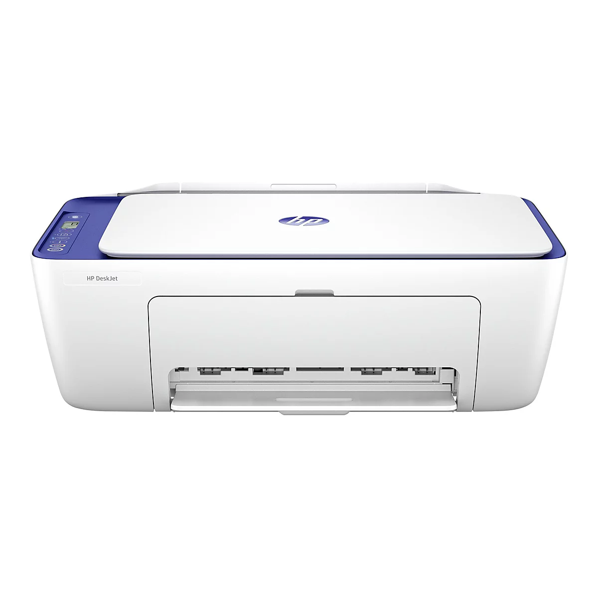 Imprimante HP Deskjet blanche avec couvercle bleu et logo sur fond blanc.