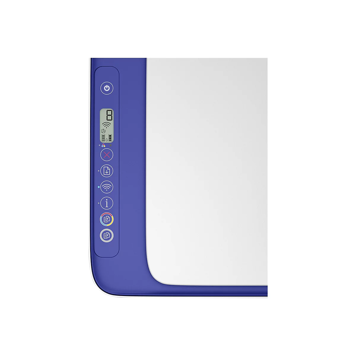 Détail d'une imprimante blanche avec un panneau de commande bleu. Des symboles pour le Wi-Fi et le niveau d'encre sont affichés sur l'écran.