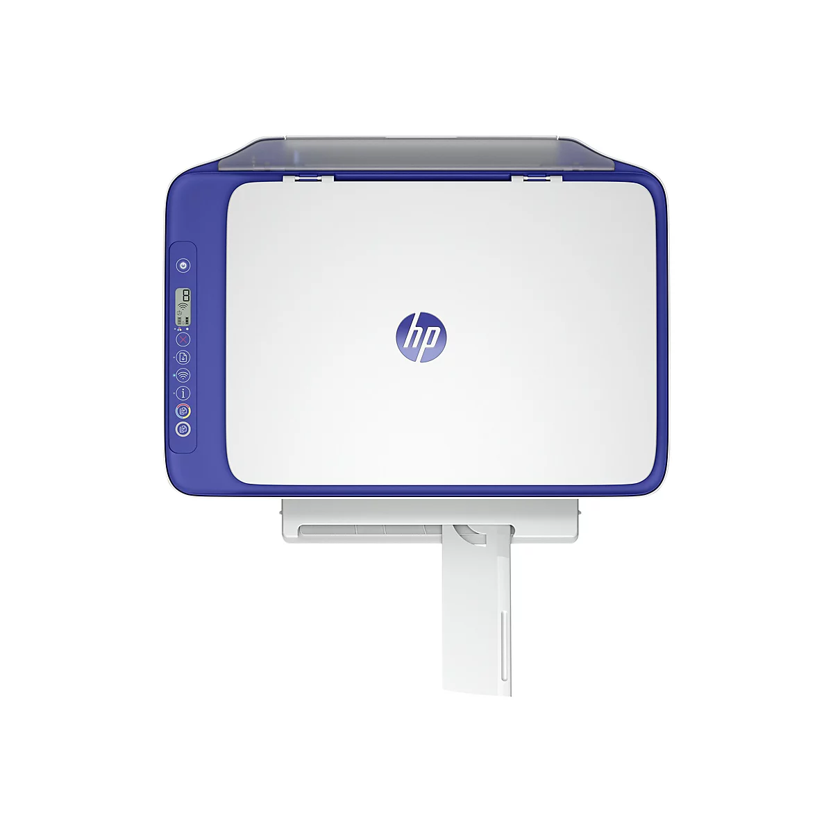 Imprimante HP blanche et bleue avec le logo HP au centre. Panneau de commande sur la gauche.