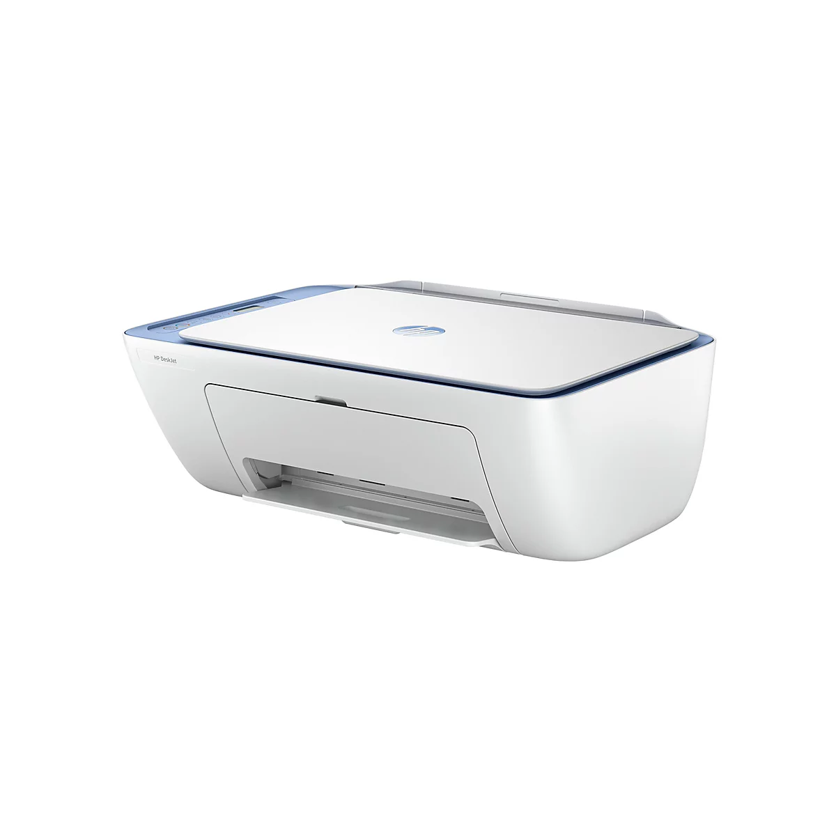 Ein weißer Drucker mit blauen Akzenten, HP DeskJet. Auf weißem Hintergrund. Die Oberseite ist blau und weiß, das HP-Logo ist sichtbar.