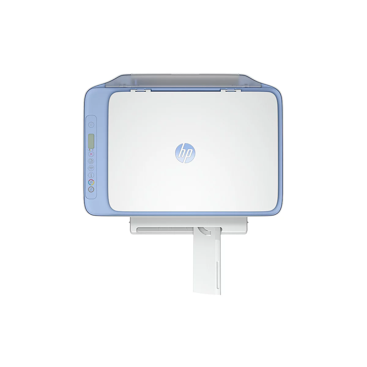 Draufsicht auf einen weißen Drucker mit hellblauem Rahmen und dem HP Logo.