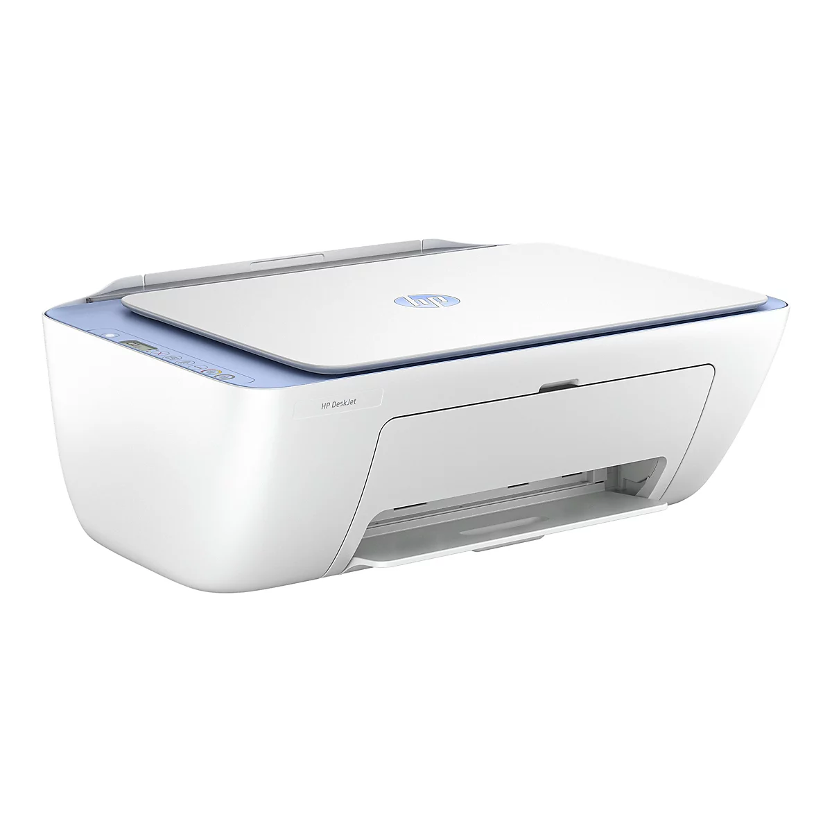 Une imprimante HP DeskJet blanche avec un couvercle bleu clair, sur fond blanc.