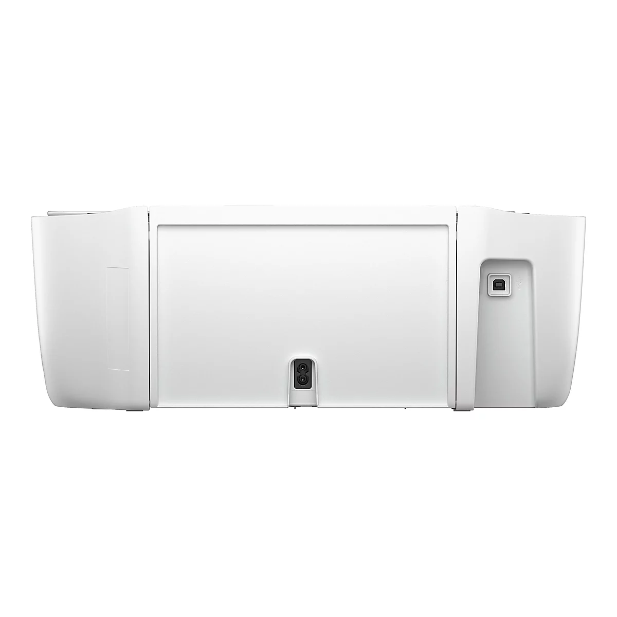 Arrière d'une imprimante blanche, avec port d'alimentation, port USB et commandes.
