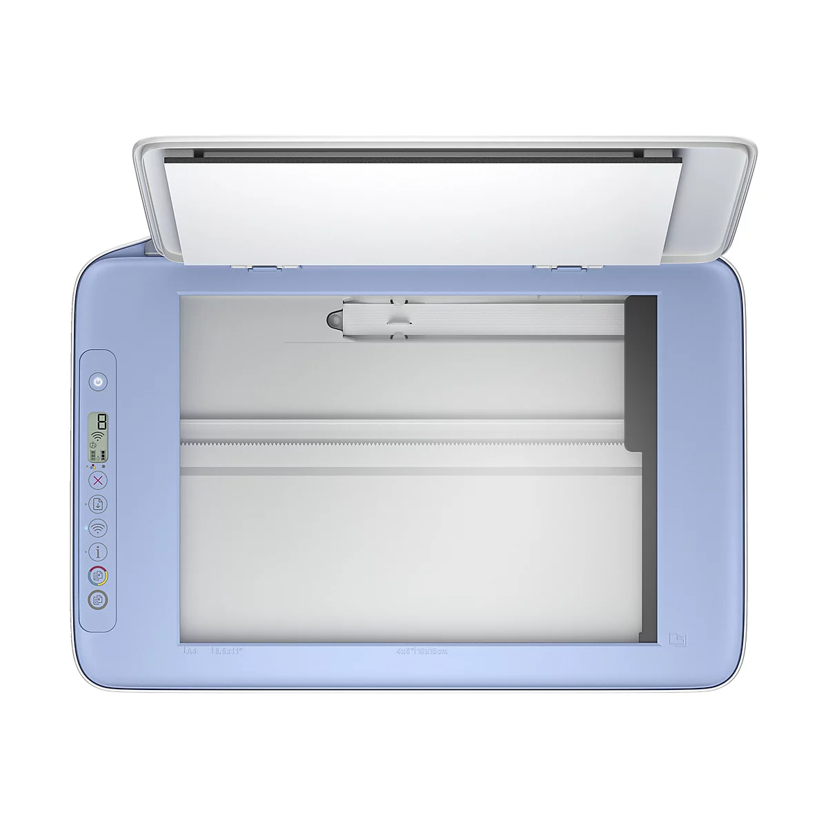 Vue de dessus d'un scanner bleu pâle. Le couvercle est ouvert. À côté se trouve un panneau de commande avec des icônes.