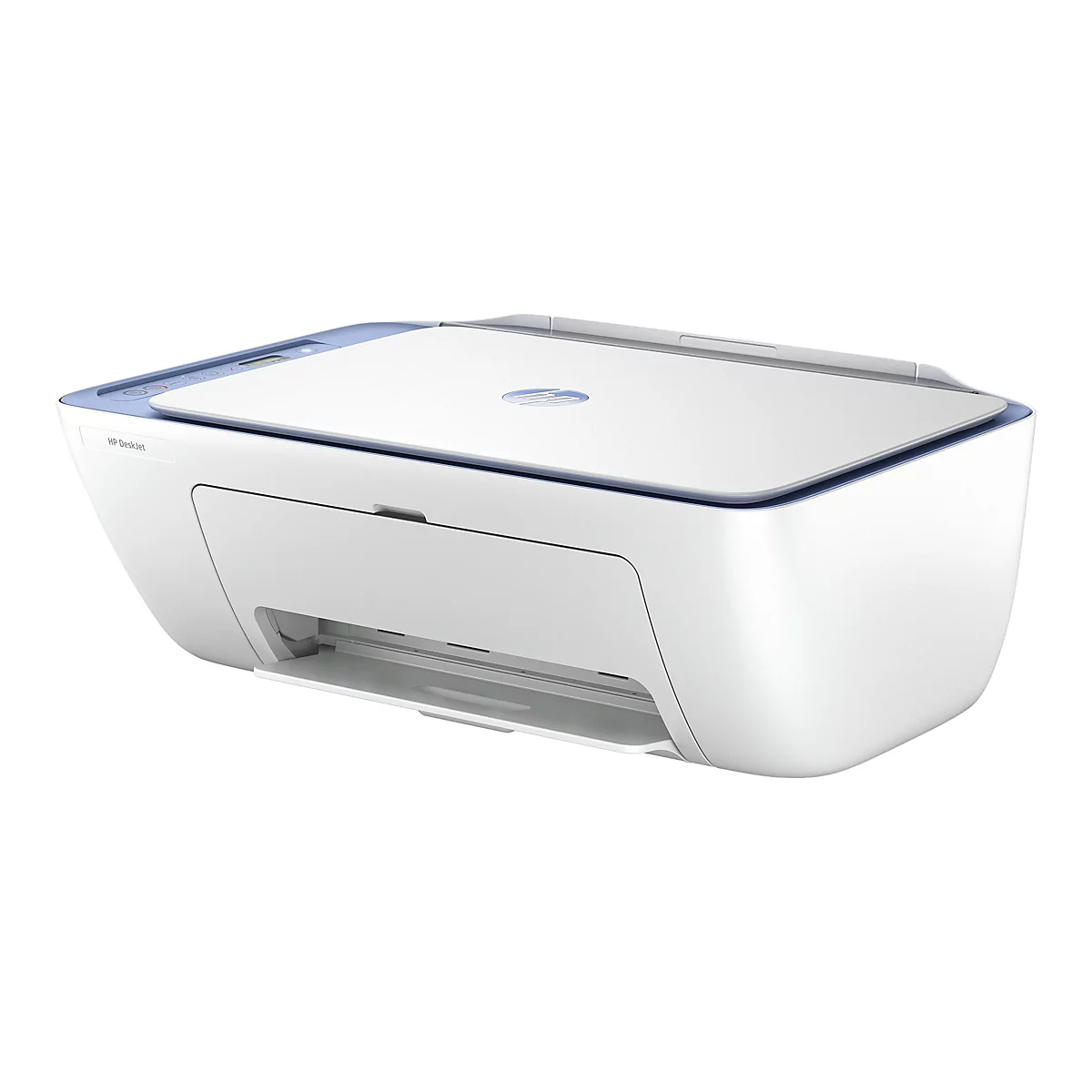 Imprimante HP DeskJet blanche avec couvercle bleu clair, vue en biais.