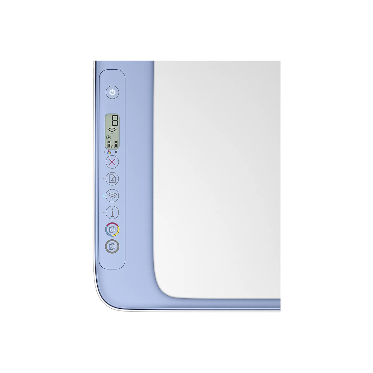 Détail de l'imprimante, blanc et bleu clair. Des symboles et un affichage numérique sont visibles sur le panneau de commande.