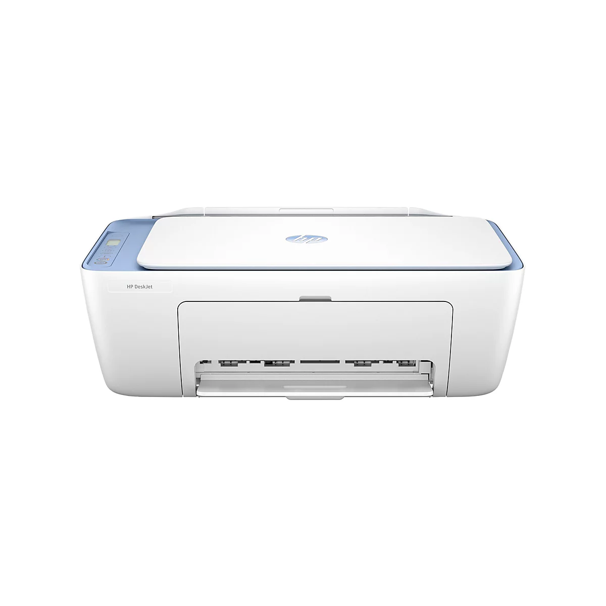 Imprimante blanche et bleue avec panneau de commande, logo HP et texte "HP DeskJet".