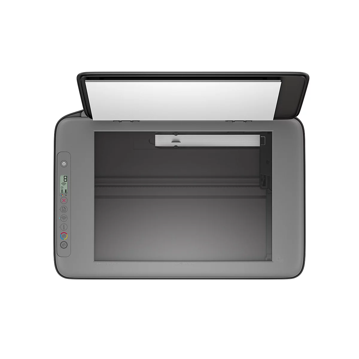 Draufsicht auf einen geöffneten grauen Scanner mit weißem Deckel. Auf der linken Seite befinden sich Funktionsknöpfe.