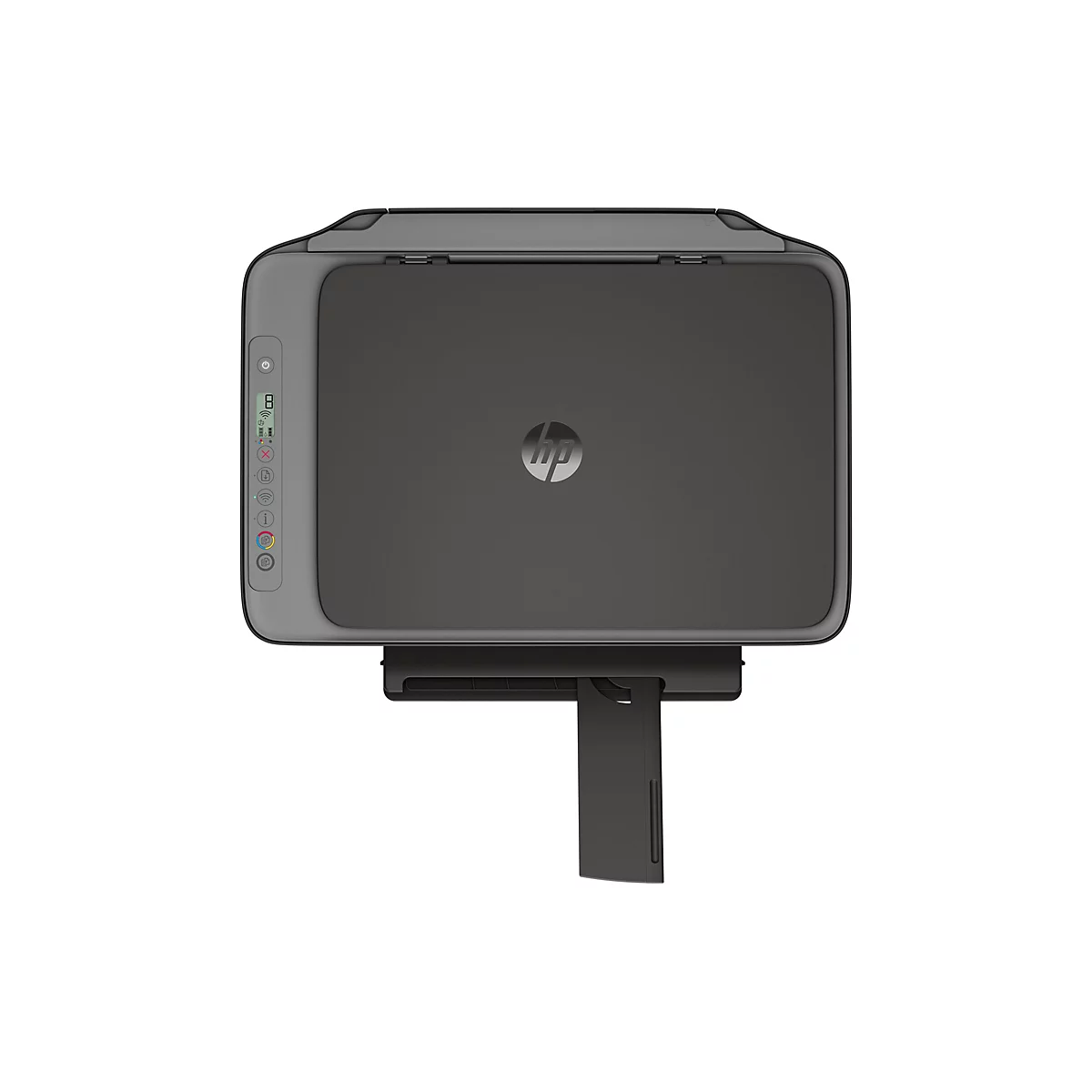 Vue de dessus d'une imprimante HP noire avec une bordure grise. Le bac à papier est sorti.