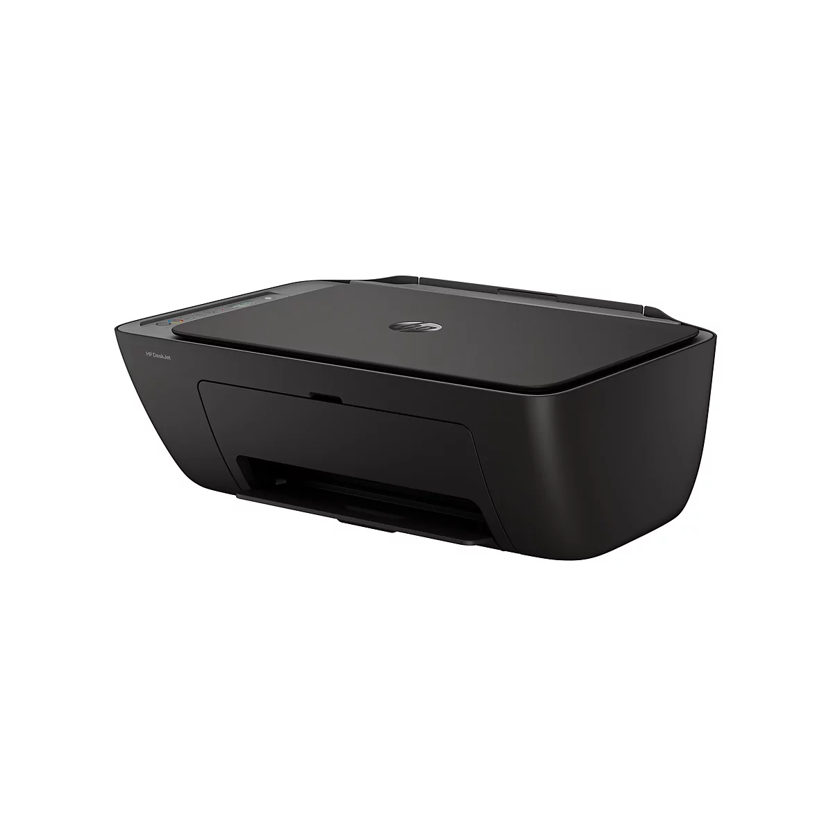 Imprimante HP DeskJet noire, légèrement vue d'en haut, sur fond blanc. Le logo HP est visible.