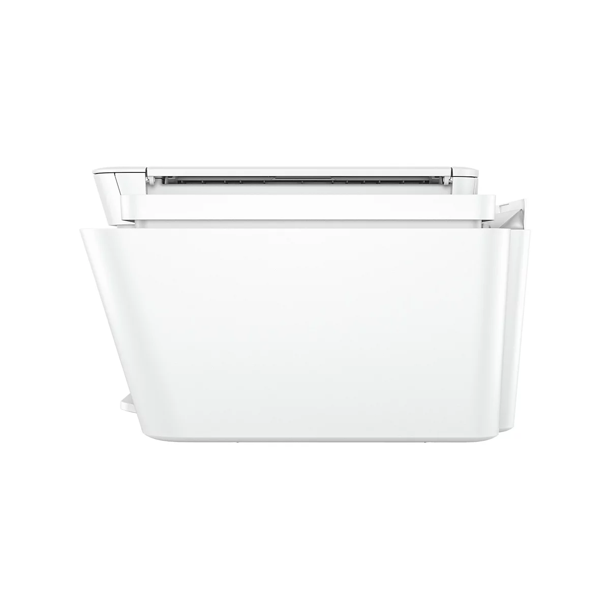 Gros plan d'une imprimante blanche. L'imprimante est photographiée de face et légèrement en biais, vue d'oiseau.