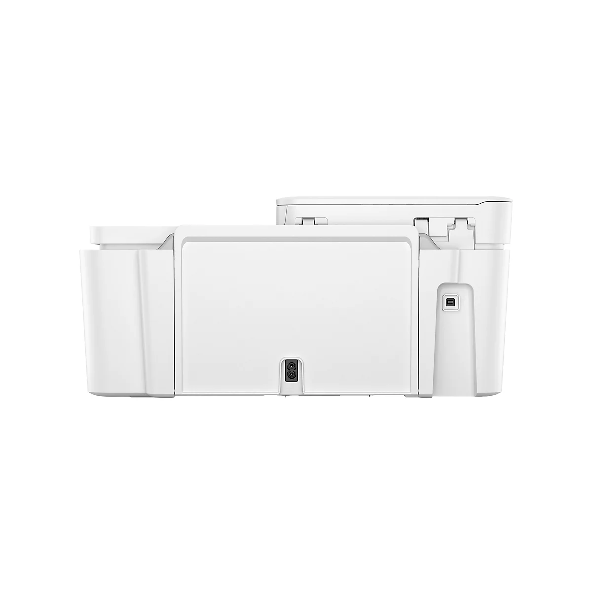 Gros plan d'une imprimante blanche sur fond blanc. Vue arrière visible, avec port USB et connexion d'alimentation.