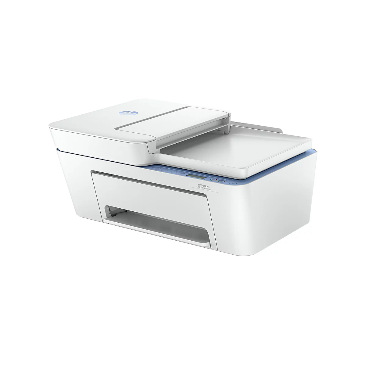 Imprimante à jet d'encre HP DeskJet blanche, partiellement ouverte, avec des accents bleus, sur fond blanc.
