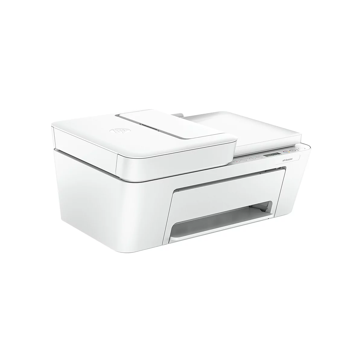 Imprimante blanche sur fond neutre. HP DeskJet est imprimé dessus.