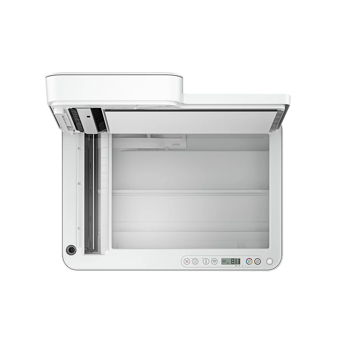 Draufsicht auf einen weißen Drucker mit offenem Deckel. Unten sind die Bedienelemente mit Display und Funktionsknöpfen angeordnet.
