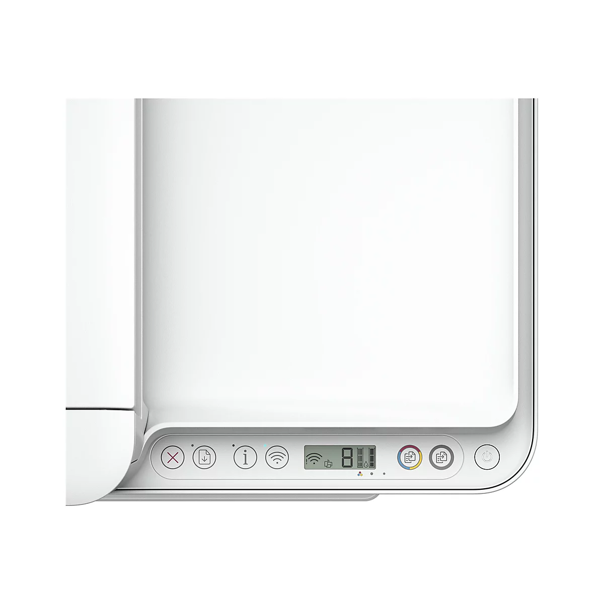 Nahaufnahme eines weißen Druckers, dessen Bedienfeld verschiedene Symbole und eine Digitalanzeige zeigt.