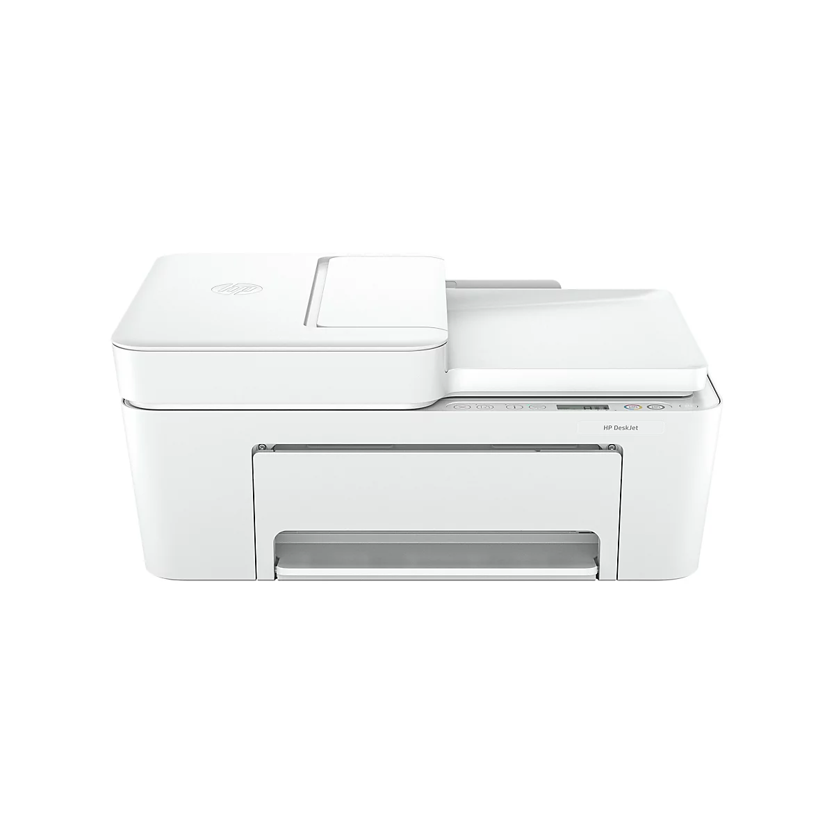 Imprimante HP DeskJet blanche, vue de face. Logo HP en haut, boutons de commande, texte 'HP DeskJet'.