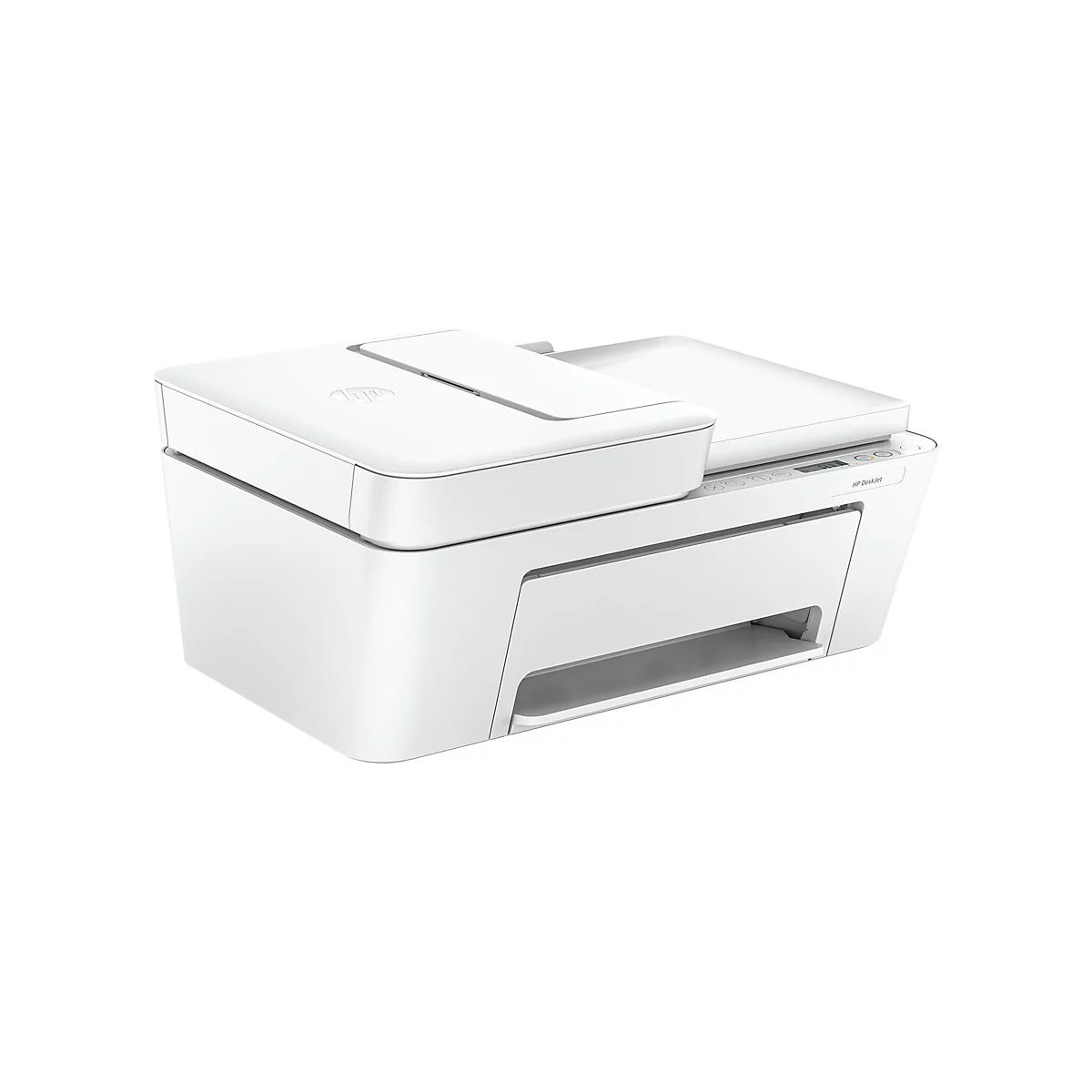 Imprimante HP DeskJet blanche sur fond blanc. Le logo HP est visible sur l'imprimante.
