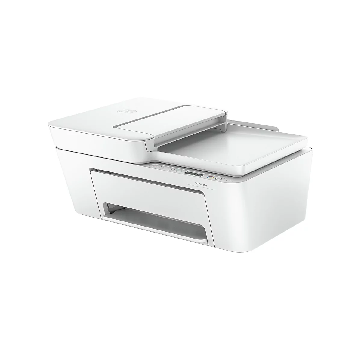 Imprimante HP DeskJet blanche, couvercle du scanner ouvert. Panneau de commande avec boutons et écran, logo. Avant avec alimentation papier.