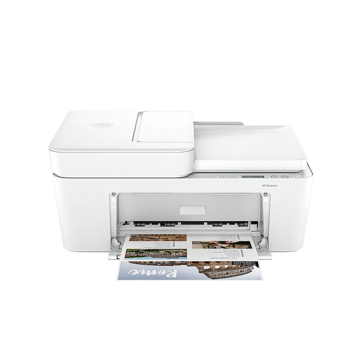 Imprimante HP DeskJet blanche, imprimant une feuille de voyage "Rome". La feuille montre des photos de sites.