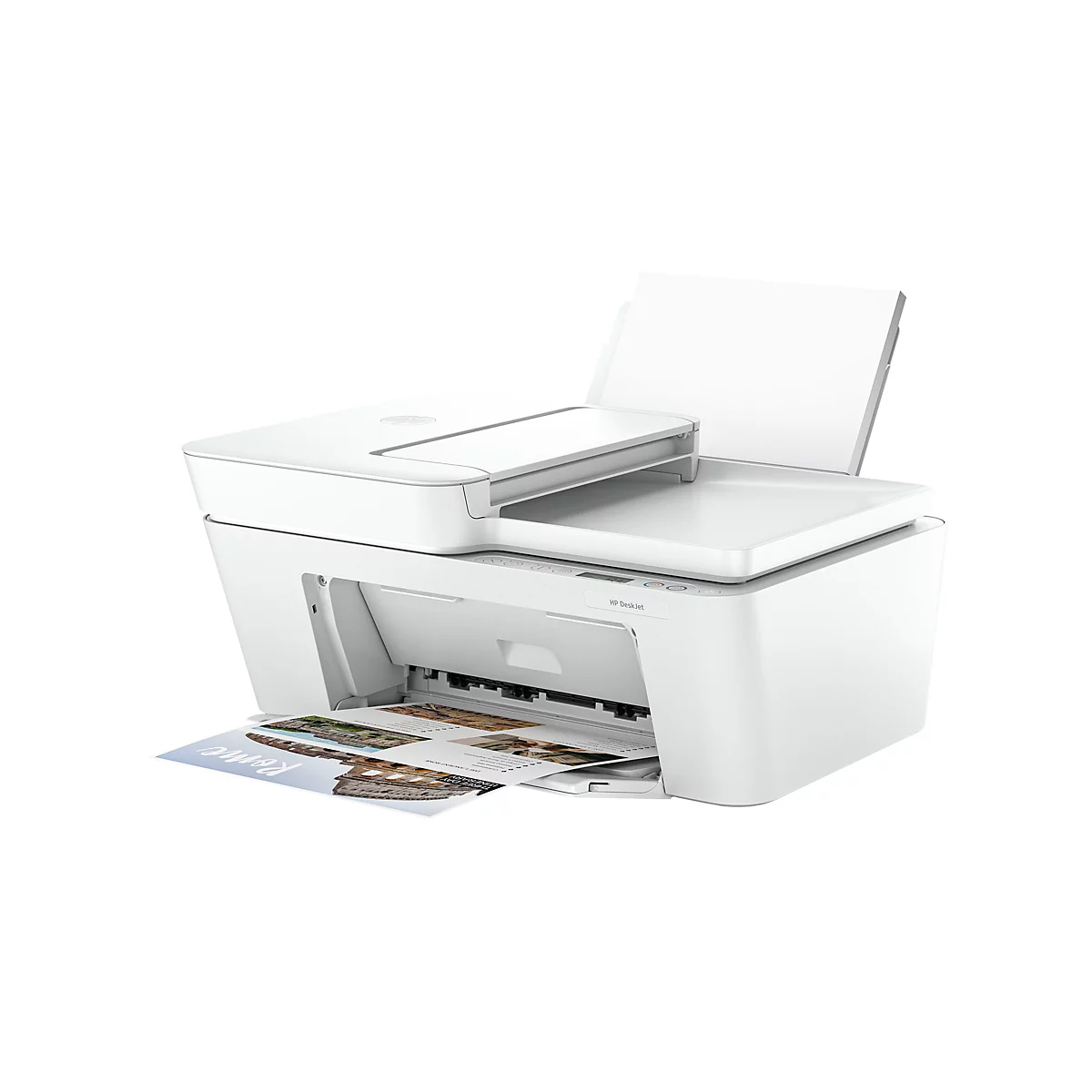 Une imprimante HP DeskJet blanche. Le bac de sortie papier est ouvert et imprime une feuille avec du texte et des images.