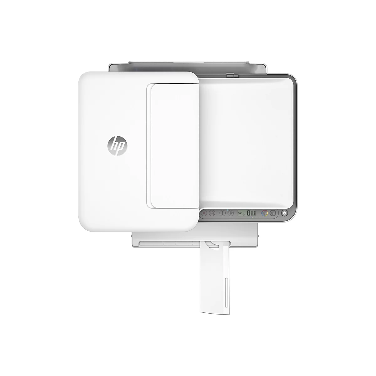 Ein weißer HP Drucker mit einem Display, Tasten und dem HP Logo. Der Papierschacht ist ausgezogen.