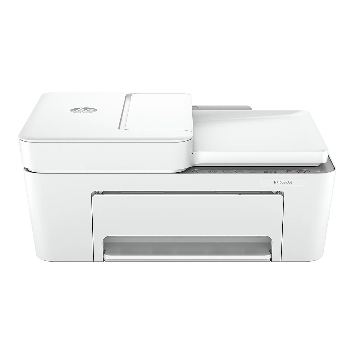 Weißer HP DeskJet Drucker, Ansicht von vorne. Druckkopf-Abdeckung geöffnet.
