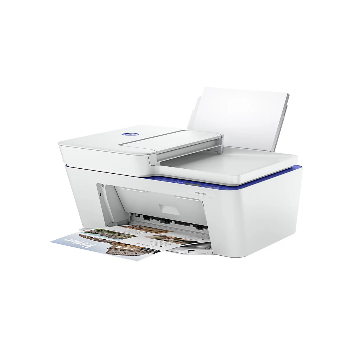 Ein weißer Drucker mit geöffnetem Deckel, der ein Blatt mit dem Wort „Rom“ und der Aufschrift „HP DeskJet“ ausdruckt.