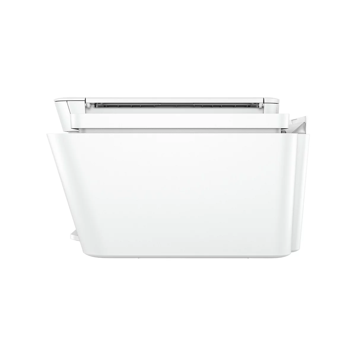 Ein weißer Drucker vor weißem Hintergrund. Von der Seite betrachtet, mit Details wie Papierfach und Oberseite.