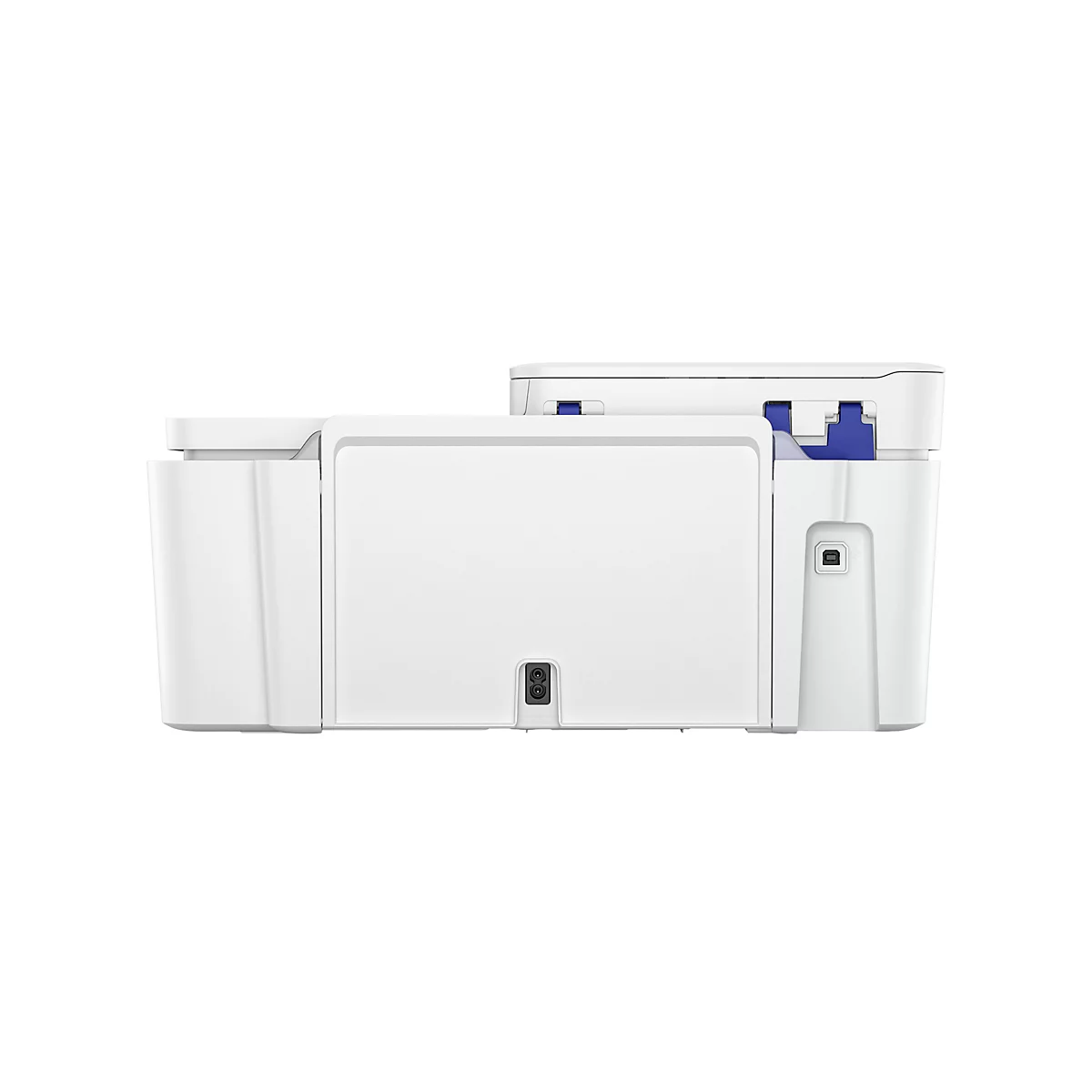 Gros plan d'une imprimante blanche posée sur fond blanc. Détails bleus.