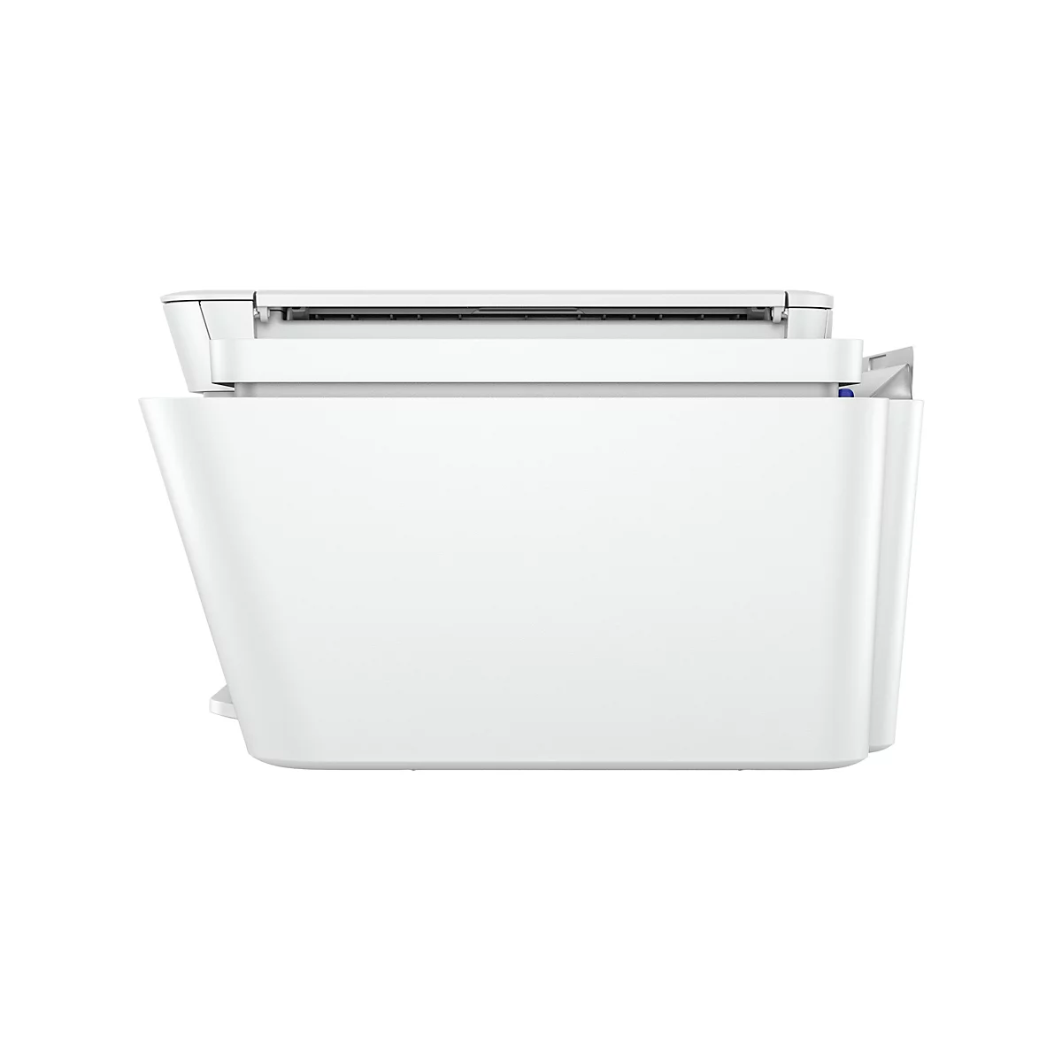Vue latérale d'une imprimante blanche, en gros plan. Sortie papier en haut, le boîtier en bas avec une légère ombre.