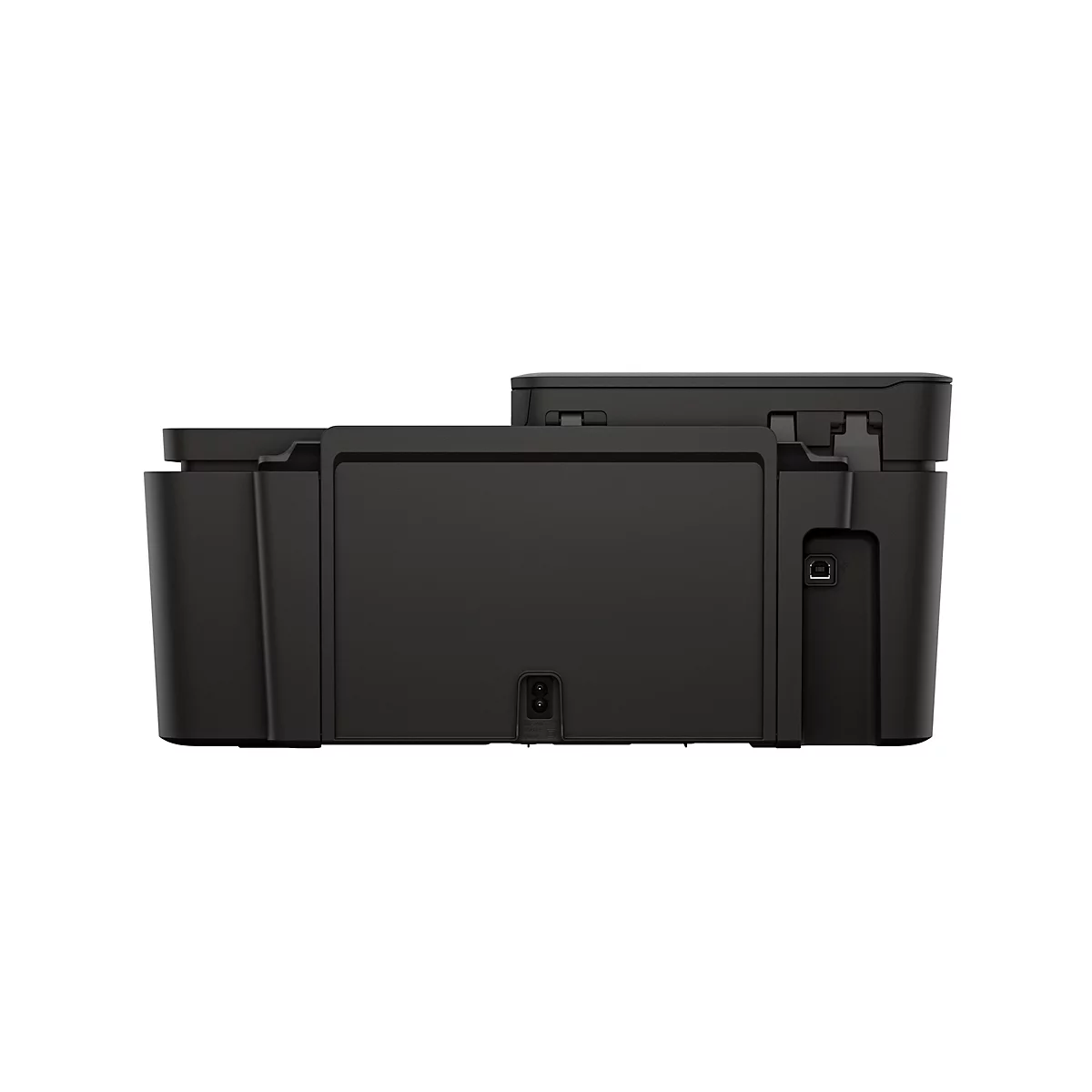 Rückseite eines schwarzen Druckers auf weißem Hintergrund. Die Stromversorgung, USB-Anschluss und weitere Details sind zu erkennen.