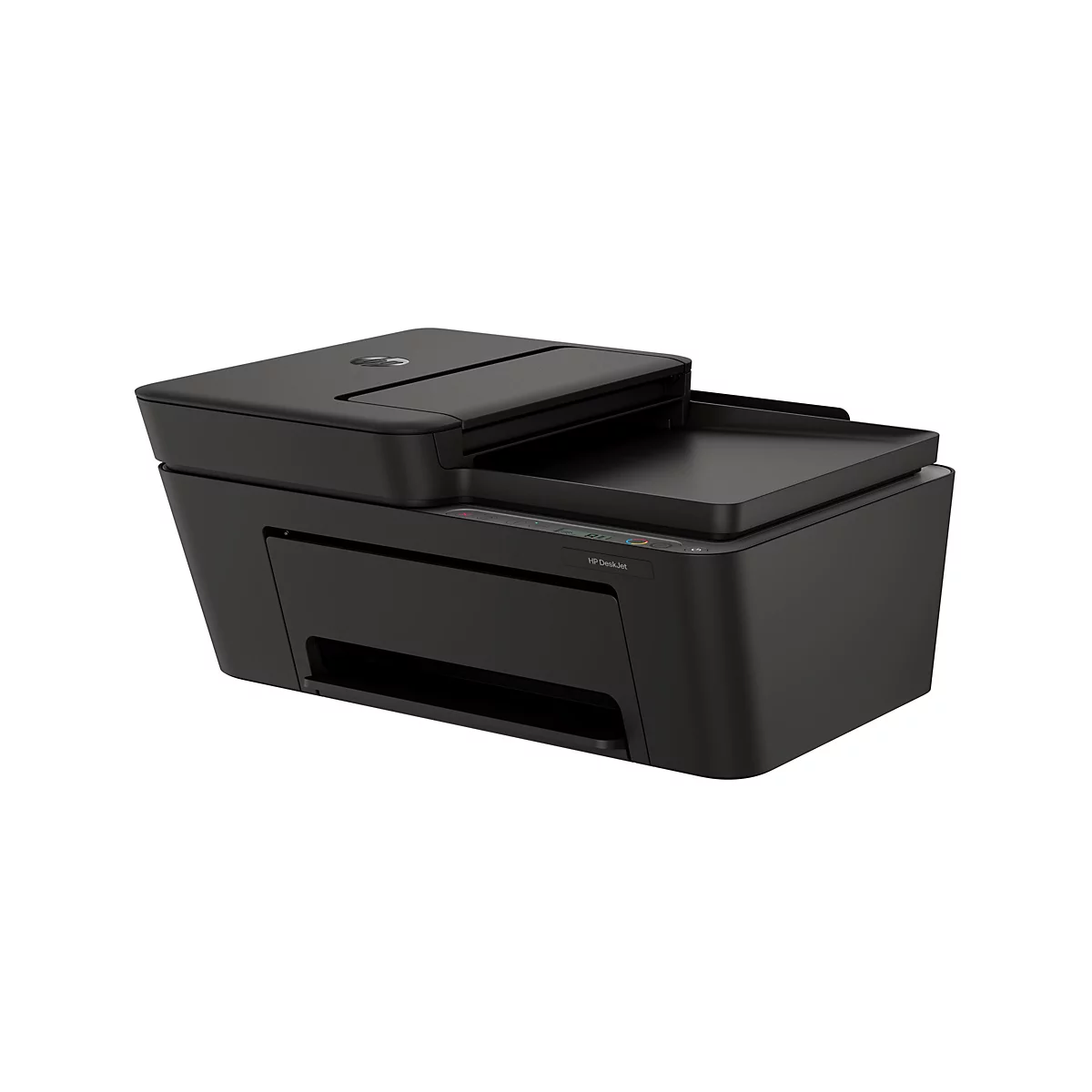 Schwarzer HP DeskJet Tintenstrahldrucker in einer 3/4-Ansicht vor weißem Hintergrund.