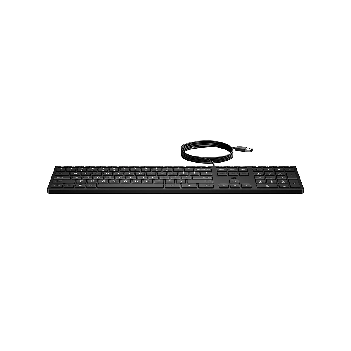 Schwarze Computertastatur mit Kabel und USB-Anschluss. Die Tasten sind beschriftet, mit Buchstaben, Zahlen und Sonderzeichen.