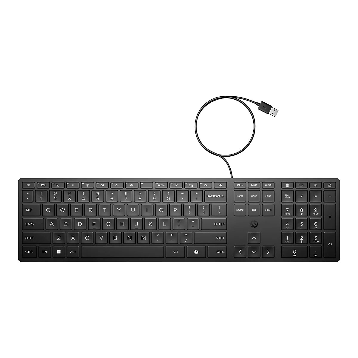 Schwarze, kabelgebundene HP-Tastatur in Draufsicht vor weißem Hintergrund.