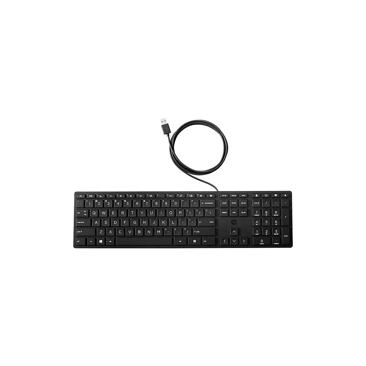 Schwarze, kabelgebundene HP-Tastatur mit Ziffernblock auf weißem Hintergrund.