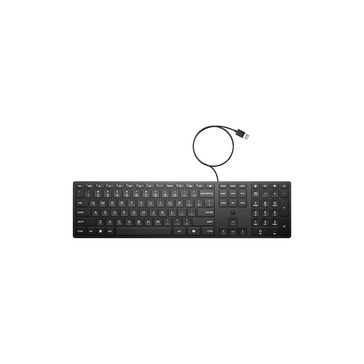 Schwarze HP Tastatur mit Kabel und USB-Anschluss vor neutralem Hintergrund.