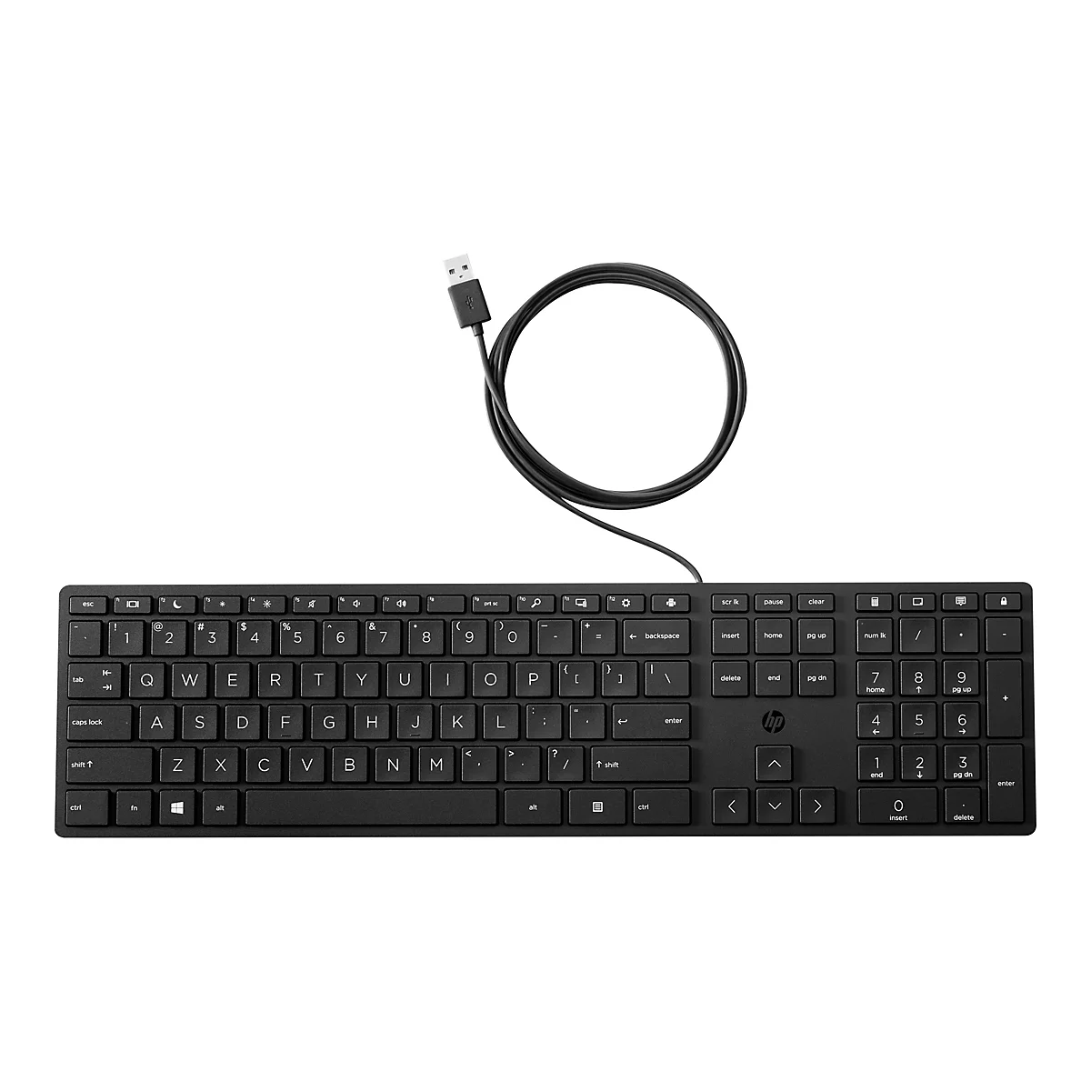 Schwarze, kabelgebundene HP-Tastatur mit Ziffernblock auf weißem Hintergrund.
