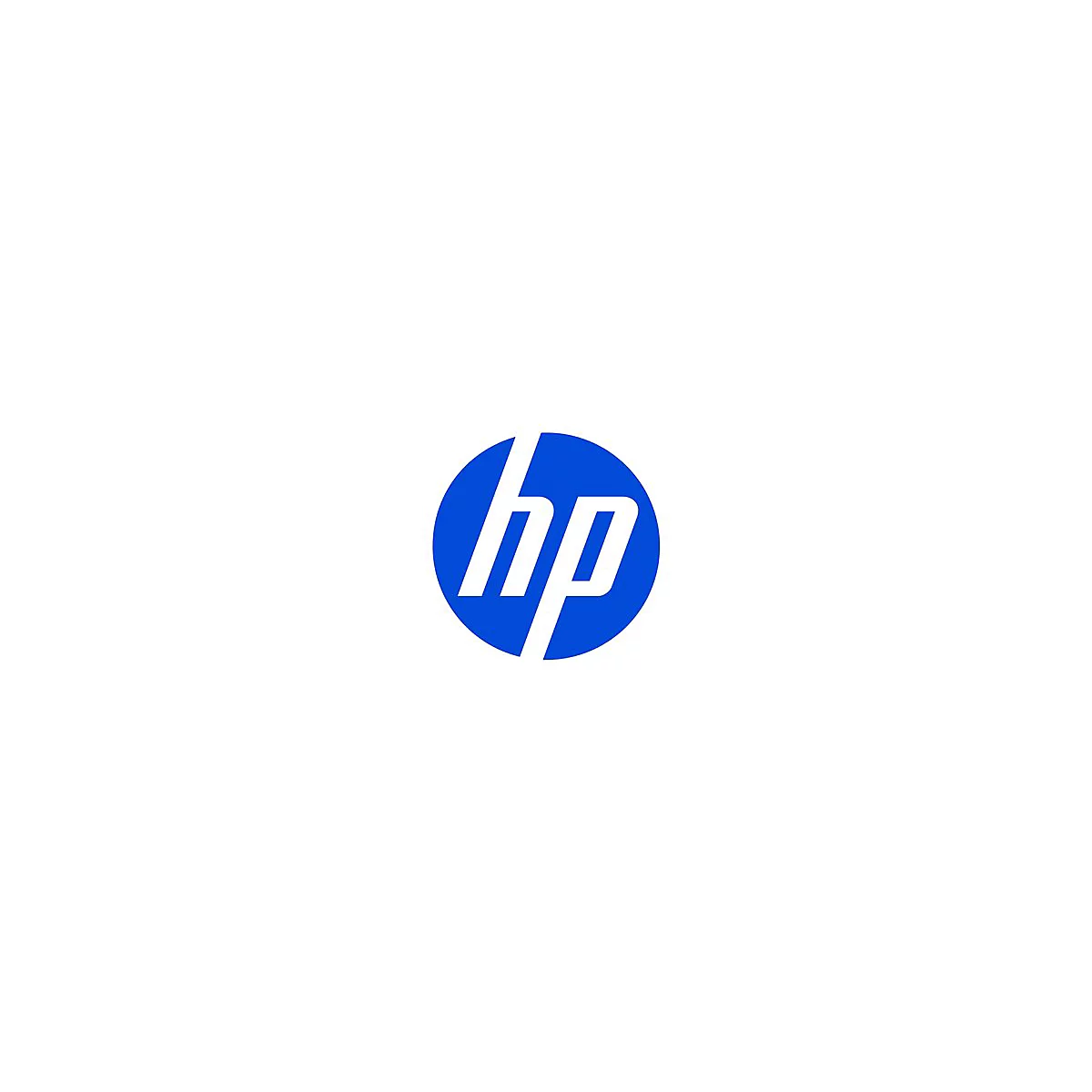 Blaues HP-Logo mit weißen, kursiven Buchstaben in einem Kreis.
