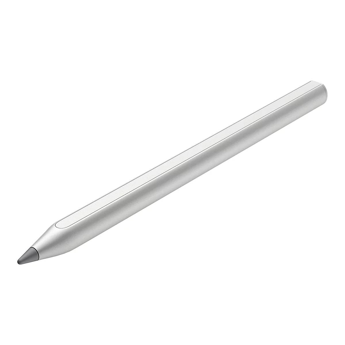 Silberner Stylus auf weißem Hintergrund. Der Stift ist schlank, zylindrisch und hat eine abgeschrägte Spitze.