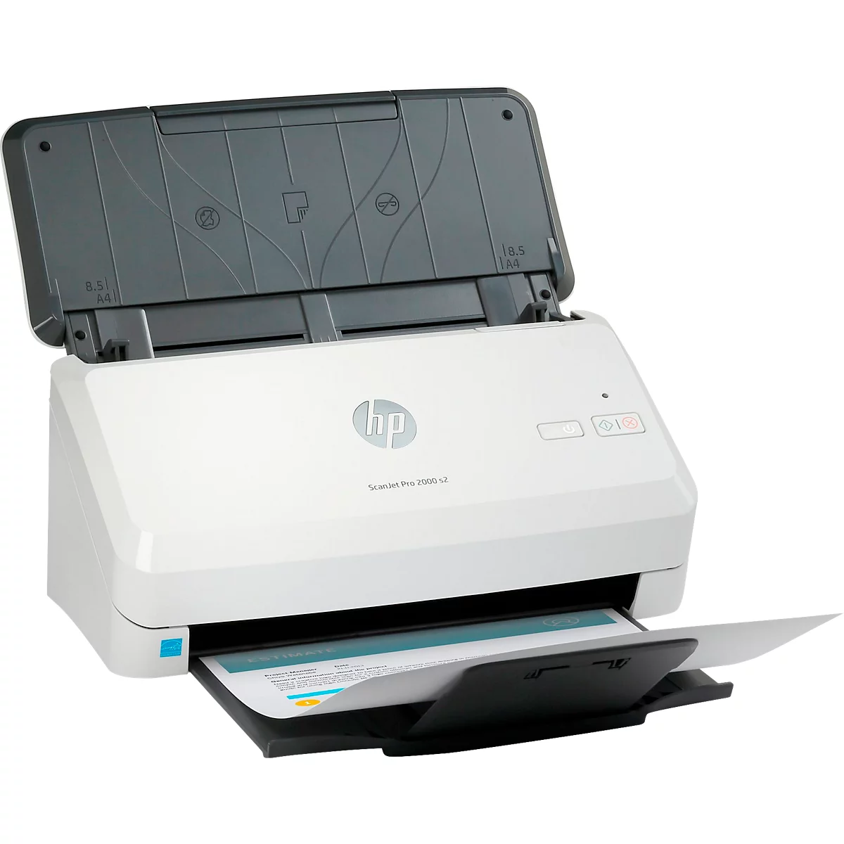 Witte scanner met open deksel, een vel papier wordt naar binnen getrokken. Het HP-logo staat bovenaan.