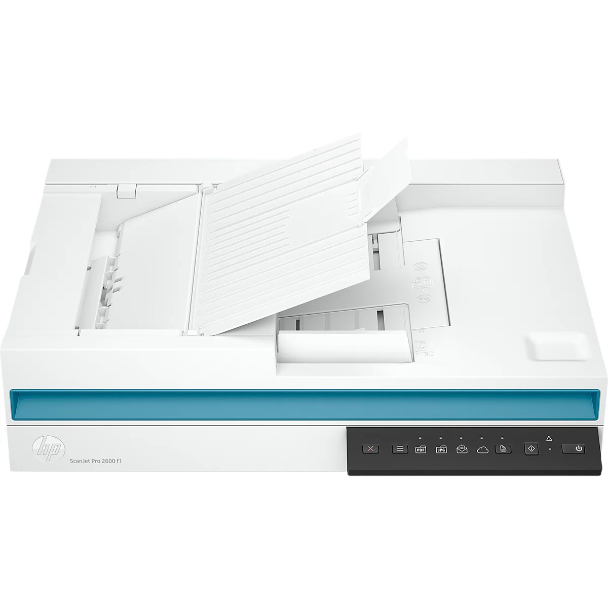 Flatbed scanner, wit en blauw, deksel open. Zwart bedieningspaneel met symbolen. HP-logo.
