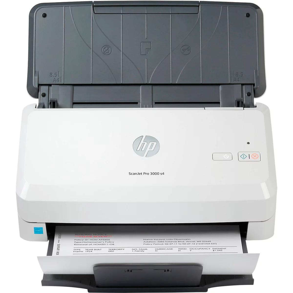 Witte HP-scanner met open deksel. Er ligt een document klaar in de invoer.