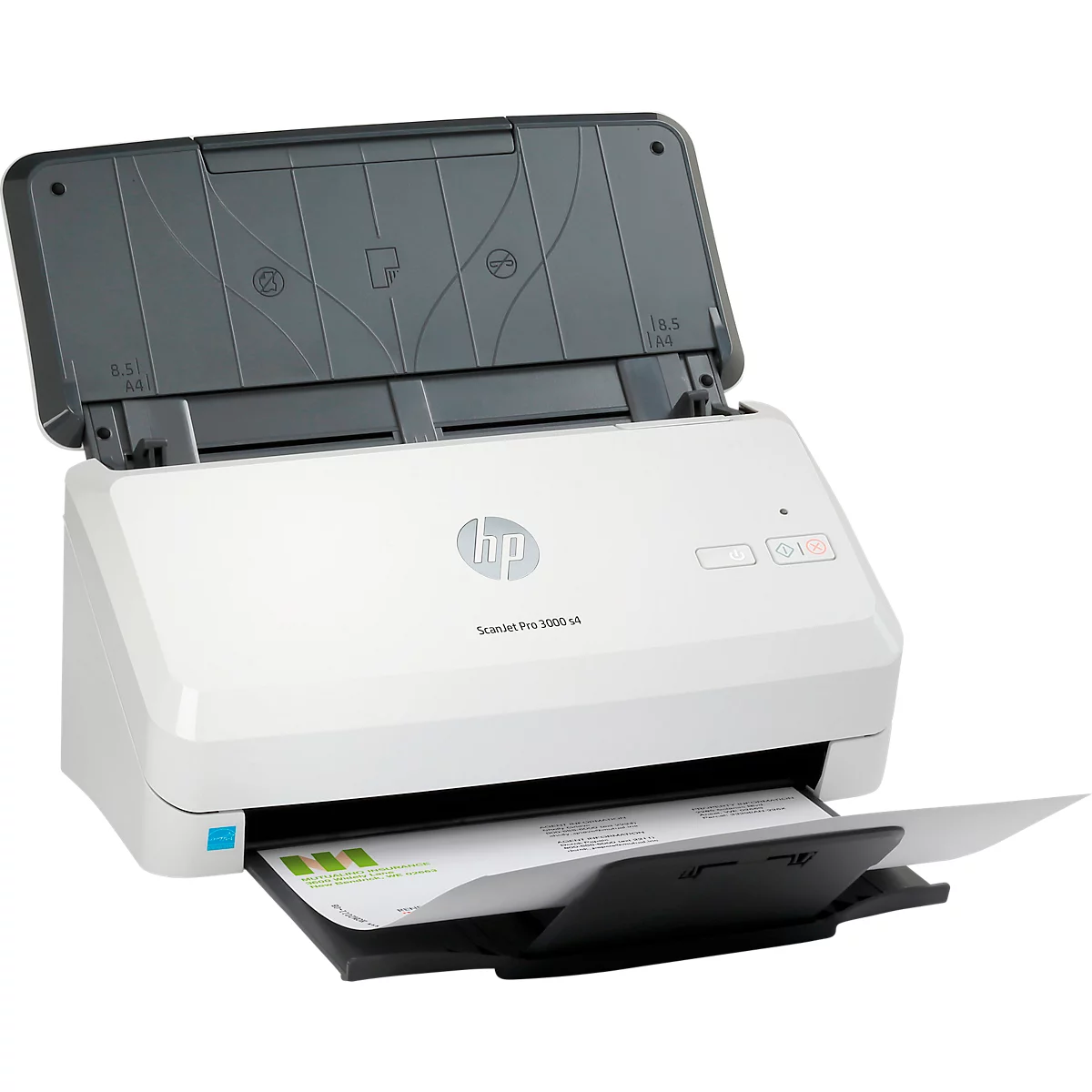 Een witte HP-scanner met deksel open, een vel papier ligt in de uitvoerlade.