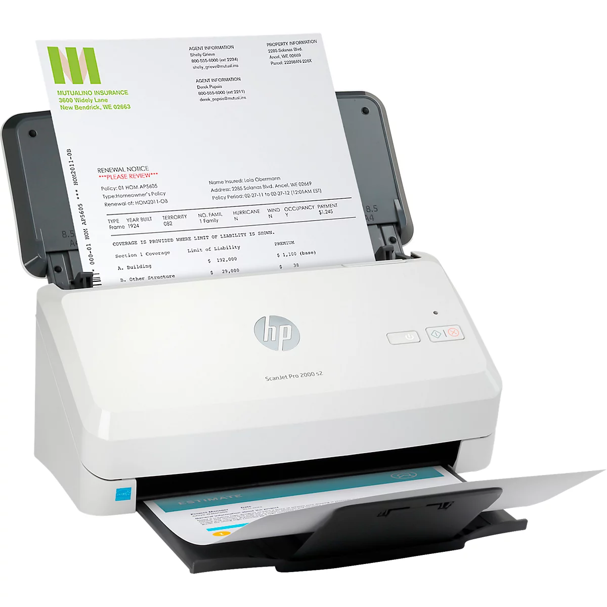 Weißer HP Scanner mit offenem Deckel, der ein Dokument scannt. Am Ausgabefach liegt ein weiteres Blatt.